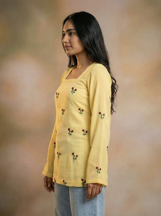 Yellow Georgette Top with Rose Embroidery | Long Sleeve Ethnic Tunic for Women | Indo-Western Casual Wear - Niivan
