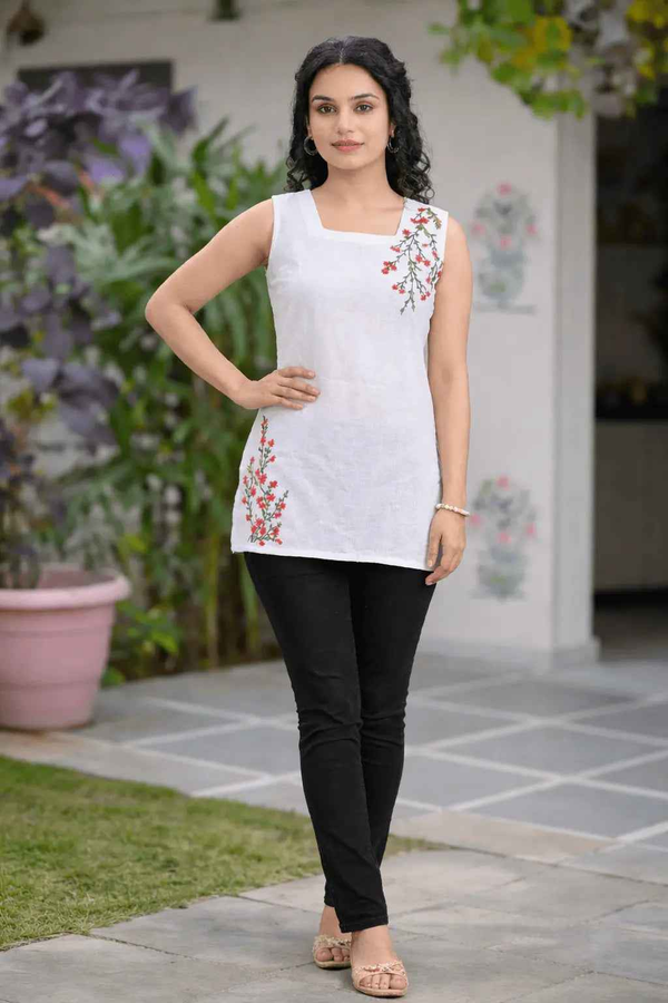 White Cotton Kurti with Floral Embroidery - Sleeveless Top|Niivan